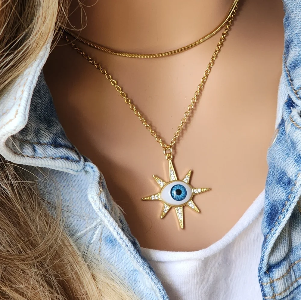 Rhodium 14K Gold Plated Chain Moroccan Evil Eye Star Mystic Pendant